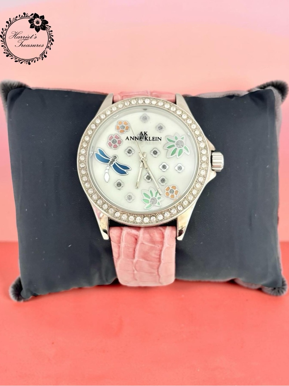 Anne Klein Pink Leather Strap Watch with Crystal Bezel and Floral Dragonfly Dial